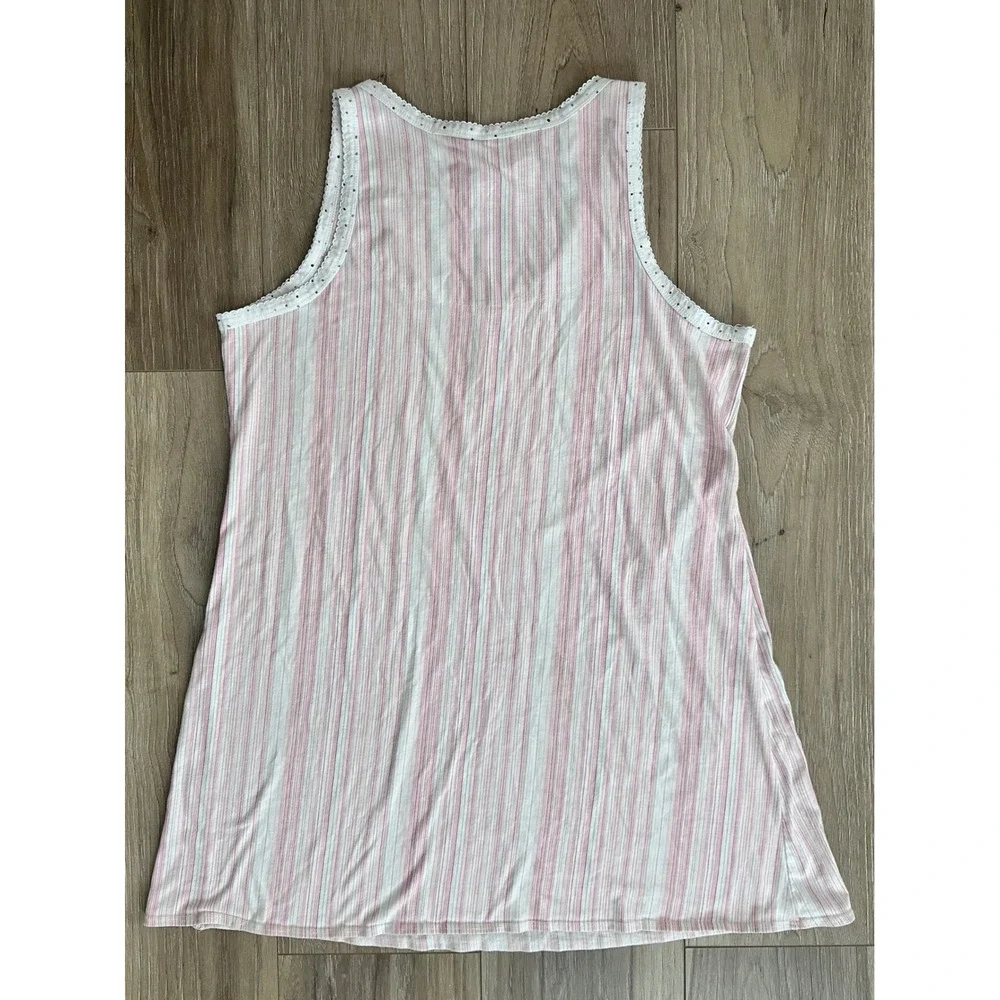 Aria Pink White Striped Henley Nightgown Sleeveless Polka Dot Lace Trim Large
